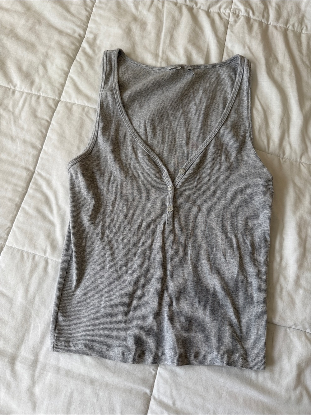 Aritzia Gray Ribbed V-Neck Tank with Button Detail